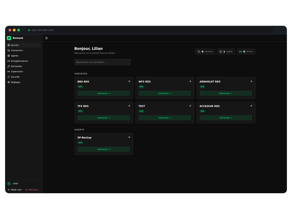 Dashboard Remsek montrant les connexions RDP, SSH et VNC