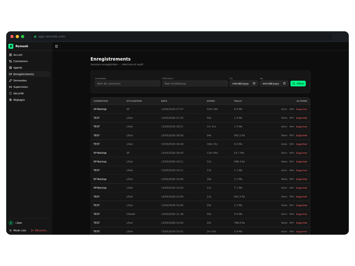 Page enregistrements avec filtres et relecture de sessions